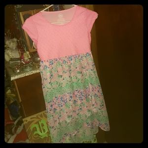 Pink floral high-low crochet dress